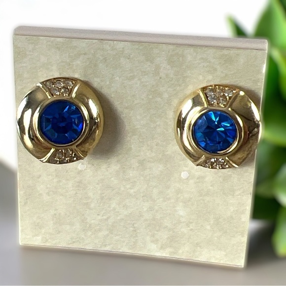 Vintage Gold Accent & Cobalt Blue Rhinestone Clip On Earrings - Picture 1 of 12